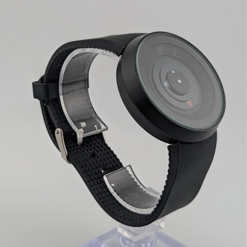 Men's 44mm Black Rotating Disc Mystery Dial Quartz Watch Rubber Strap